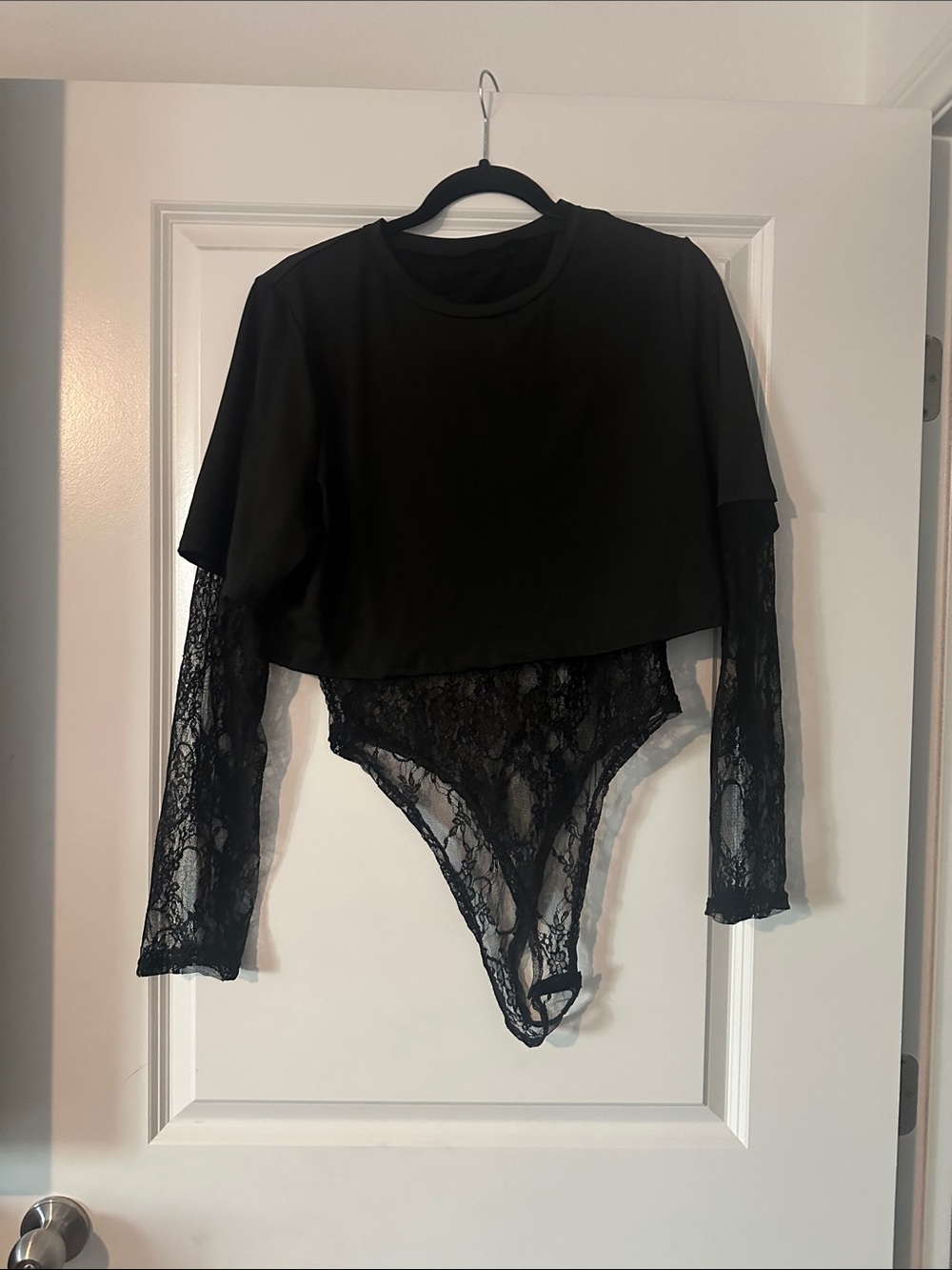 Black Lace Bodysuit Long-Sleeve Crop Top